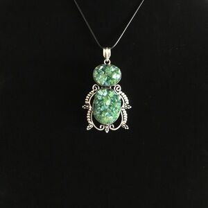 GREEN DRUZY LARGE STERLING SILVER PENDANT WITH FREE BLACK SILK CHAIN W/EXTENDER